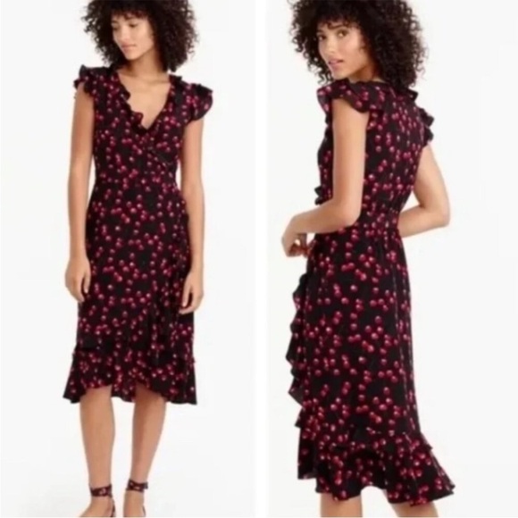 J. Crew 100% Silk Black Cherry Print Ruffle Cap Sleeve V Neck Midi Dress V Neck - Picture 2 of 12